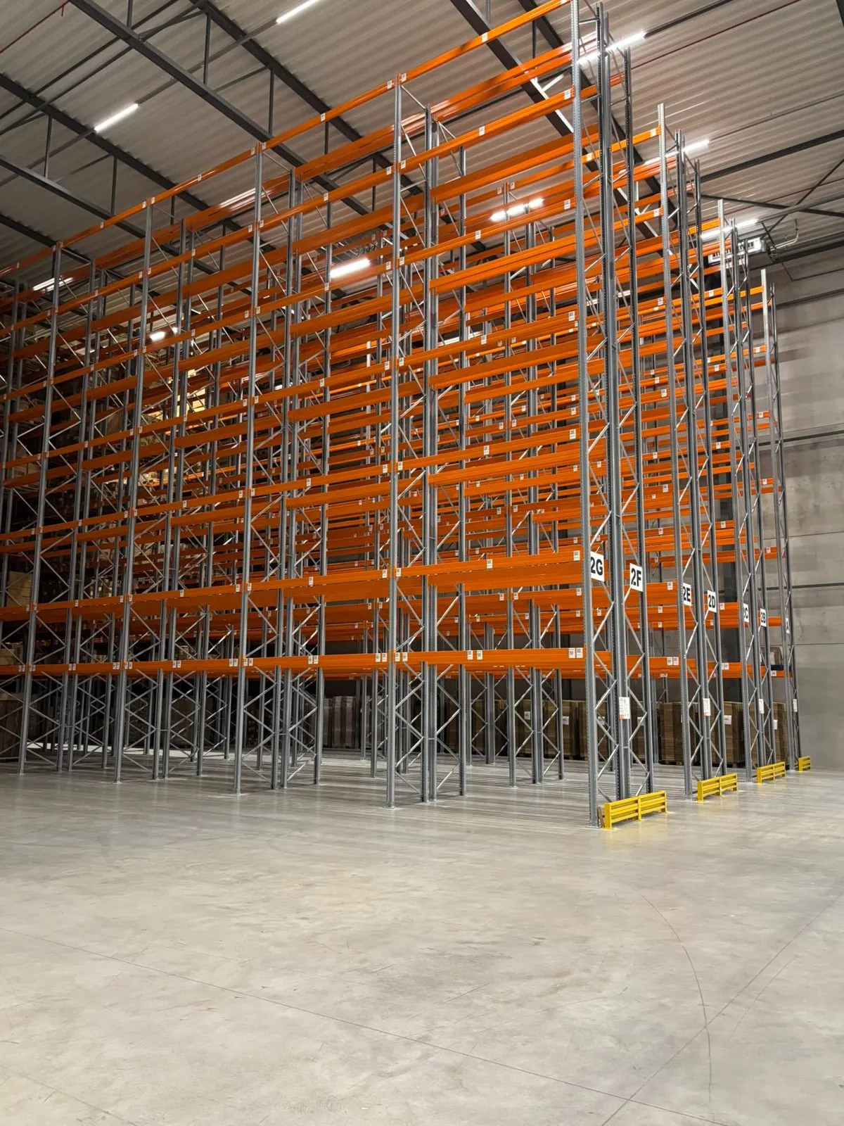 Rijen hoge palletstellingen onder de verlichting van een nieuwe hal